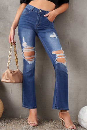 Blue Mid Waist Distressed Flared Jeans