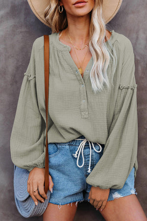 Green Casual Balloon Sleeve Crinkled Top