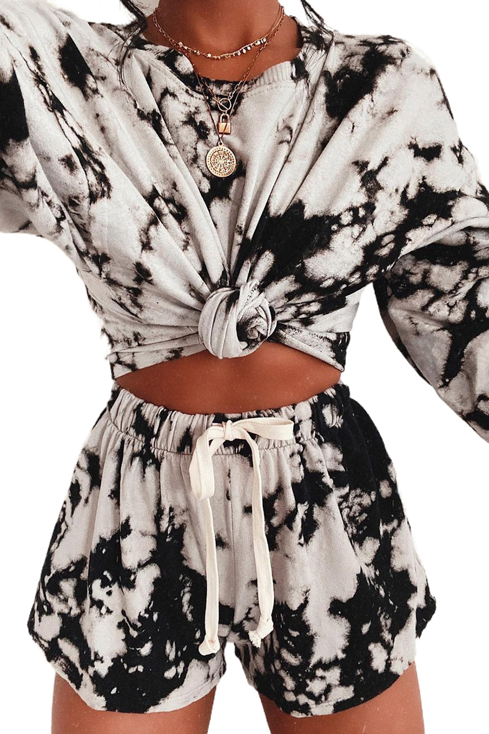 Black Tie-dye Print Long Sleeve and Drawstring Shorts Set