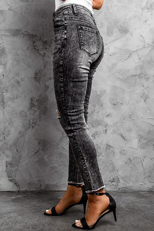 Black High Rise Acid Wash Crop Skinny Jeans