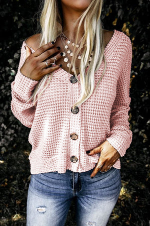 Waffle Knit Buttons V Neck Cardigan
