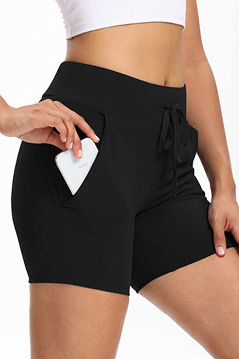 Black Tie Waist Pocket Slim-fit Yoga Shorts