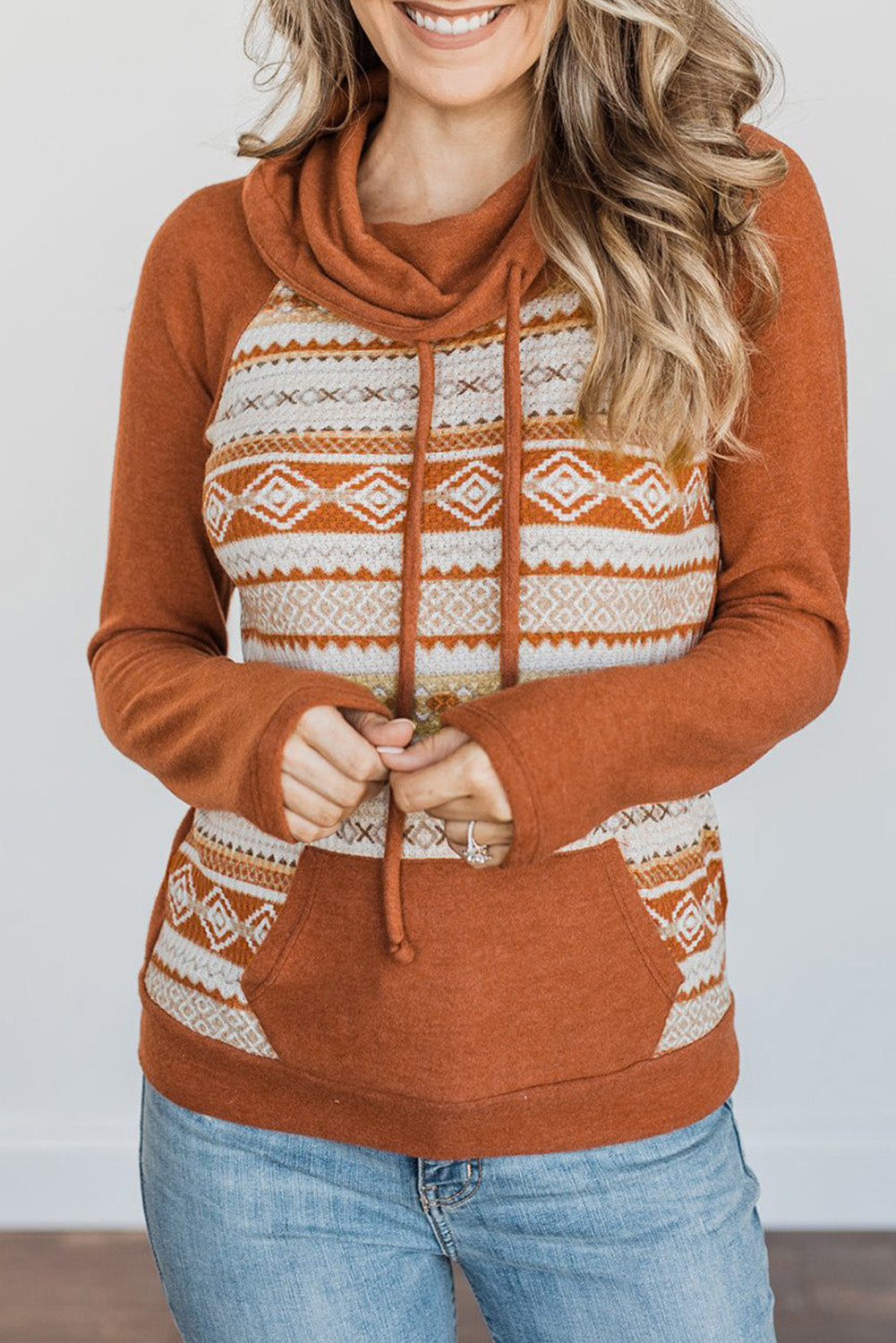 Orange Aztec Cowl Neck Sweatshirt
