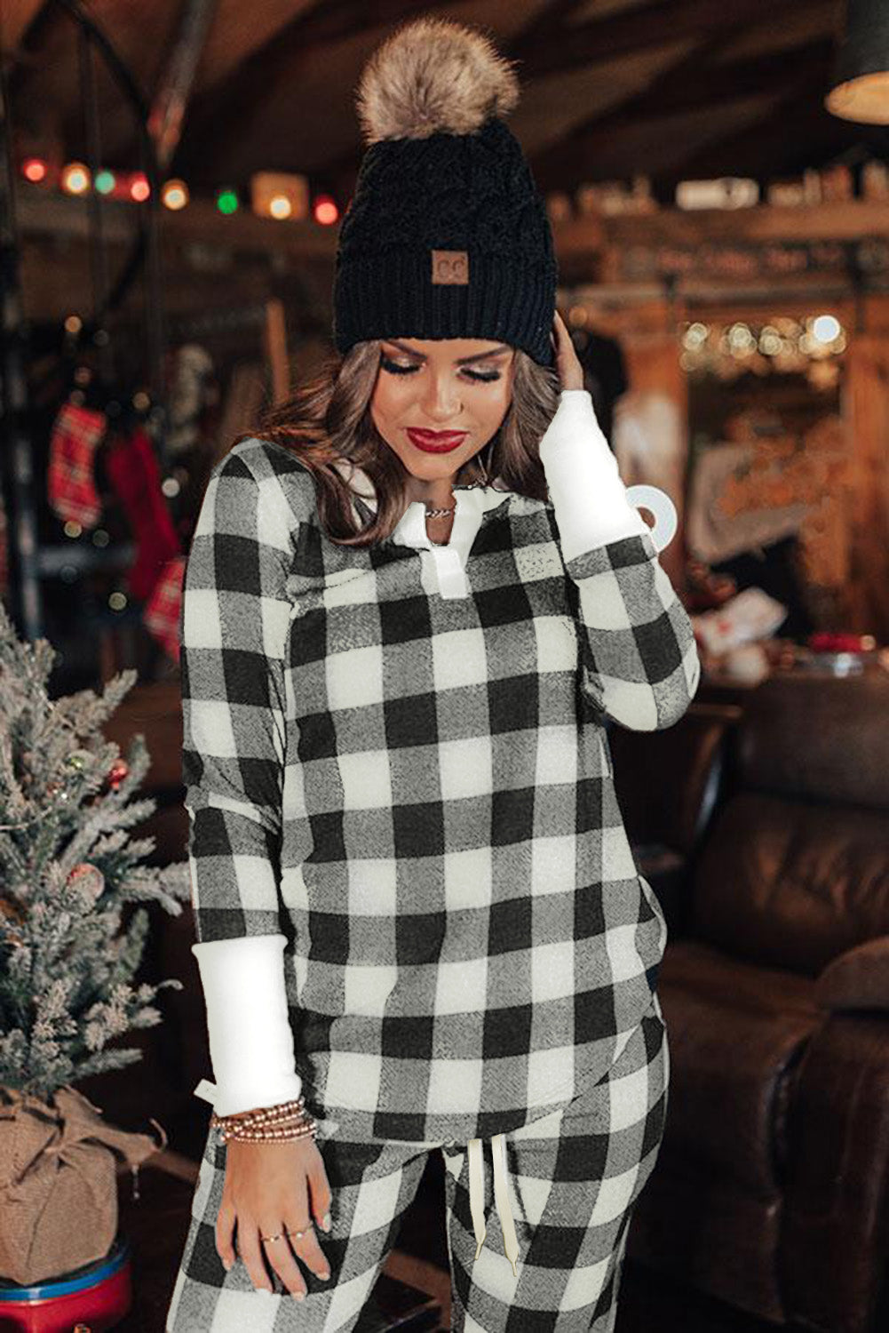 Black Christmas Plaid Print Long Sleeve Top and Pants Lounge Set
