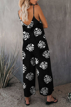 Black Palm Leaves Print Spaghetti Strap Wide Leg jumpsuit