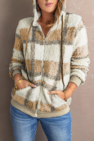Brown Plaid Print Zipper Fleece Hooded Coat