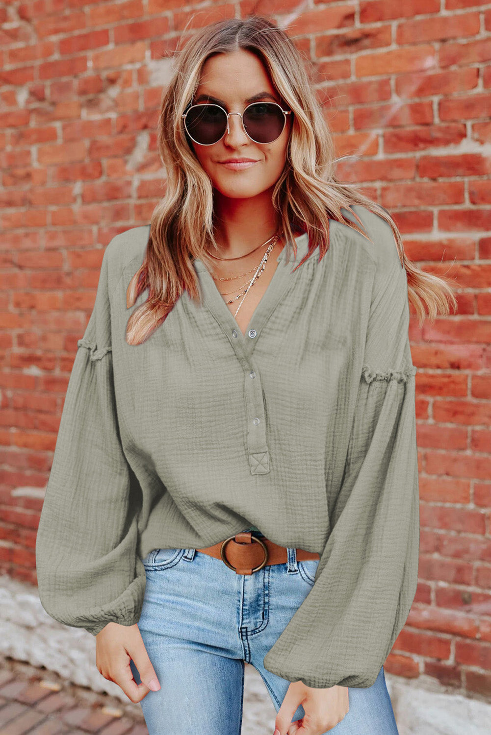 Green Casual Balloon Sleeve Crinkled Top