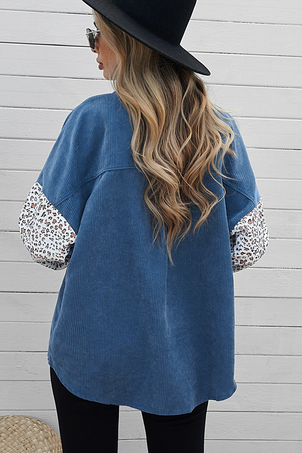 Blue Leopard Patchwork Corduroy Buttoned Shirt Jacket