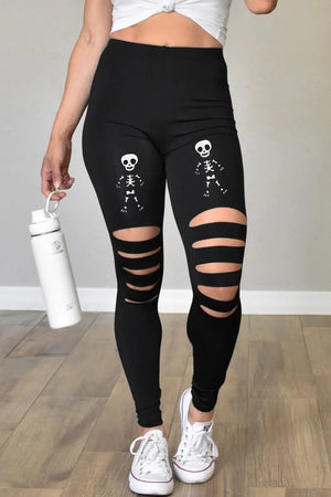 Black Cut-out Skeleton Print Halloween Leggings