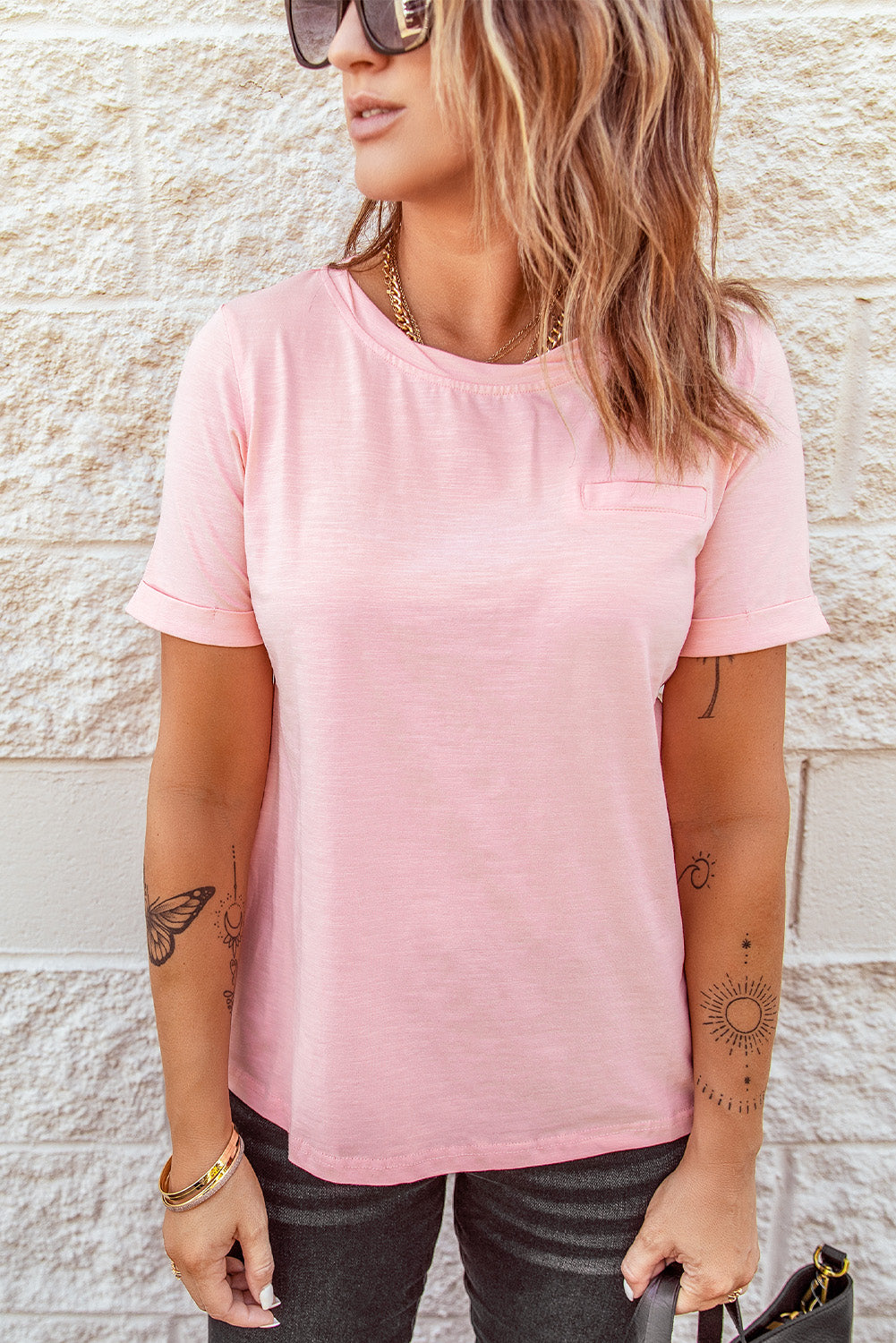 Pink Solid Color Rolled Short Sleeve T Shirt