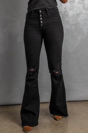Black Button Fly Distressed Bell Bottom Jeans