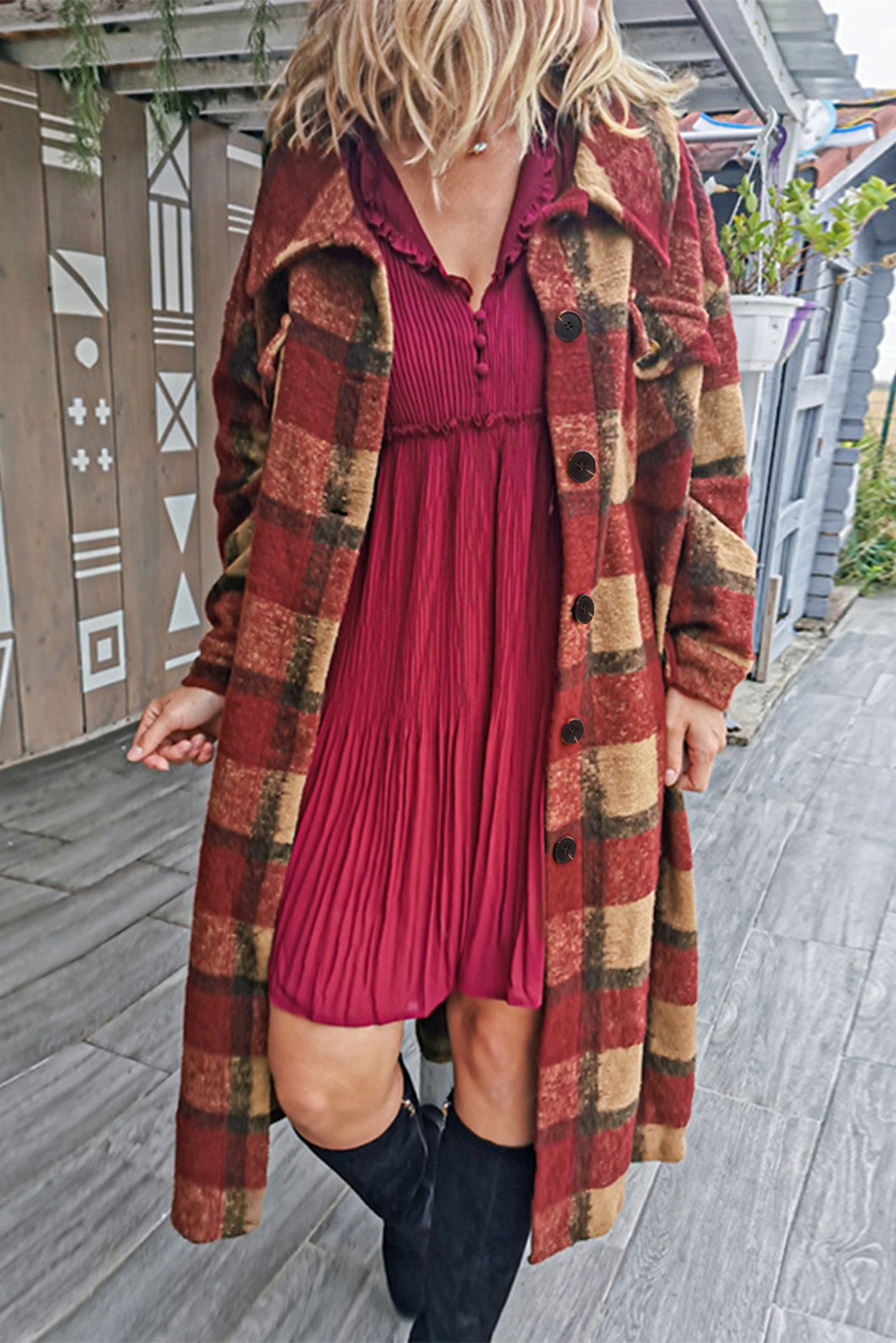 Red Pocketed Grid Pattern Overcoat