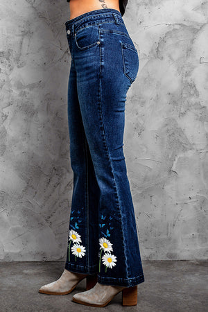 Blue Daisy Print High Waist Flare Jeans