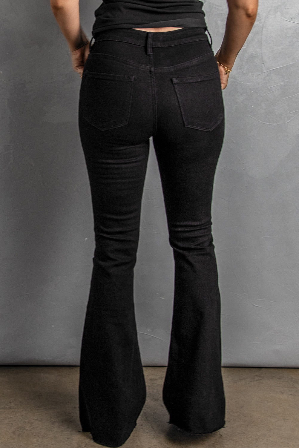 Black Button Fly Distressed Bell Bottom Jeans