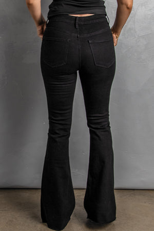 Black Button Fly Distressed Bell Bottom Jeans