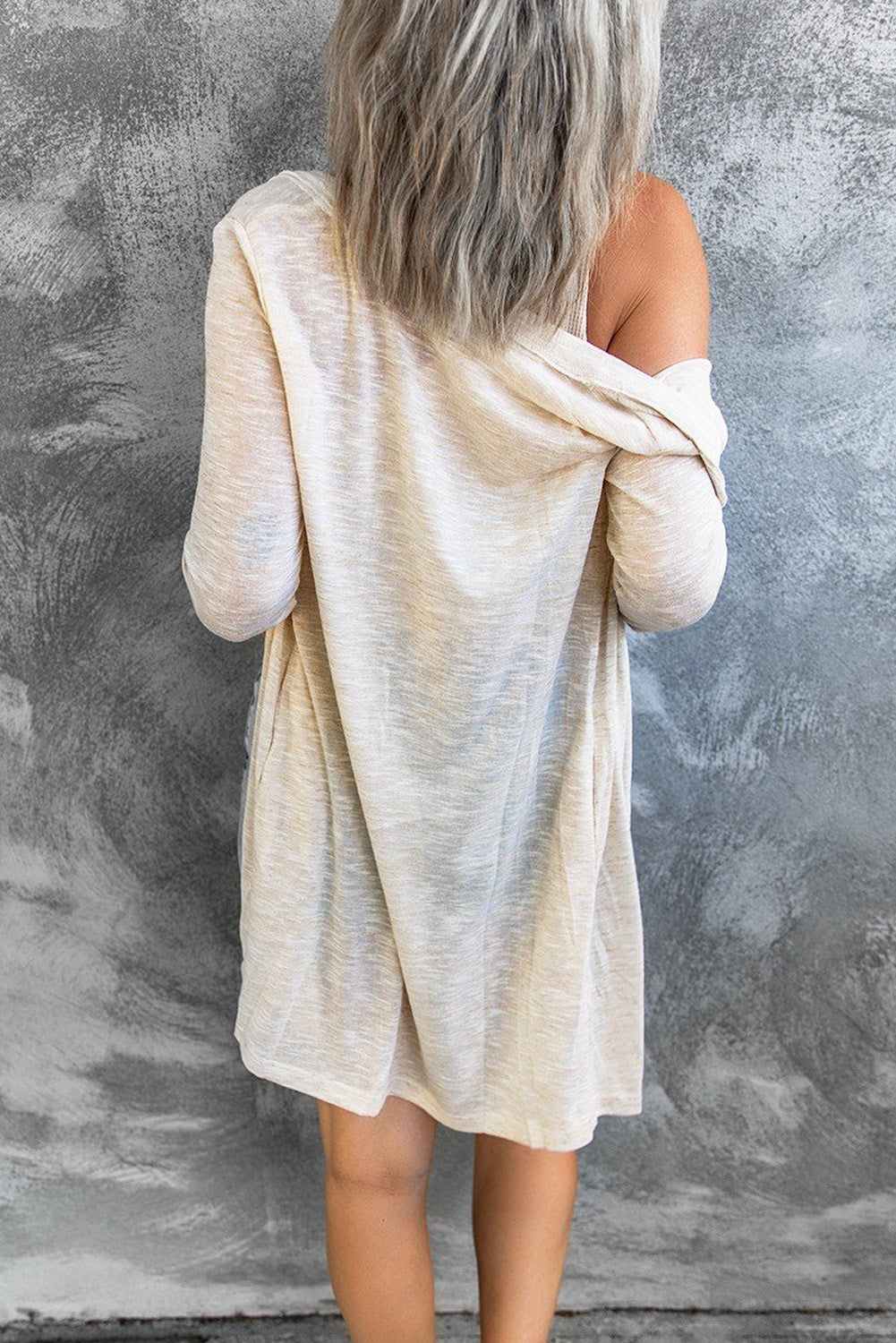 Beige Solid Color Open-Front Buttons Cardigan