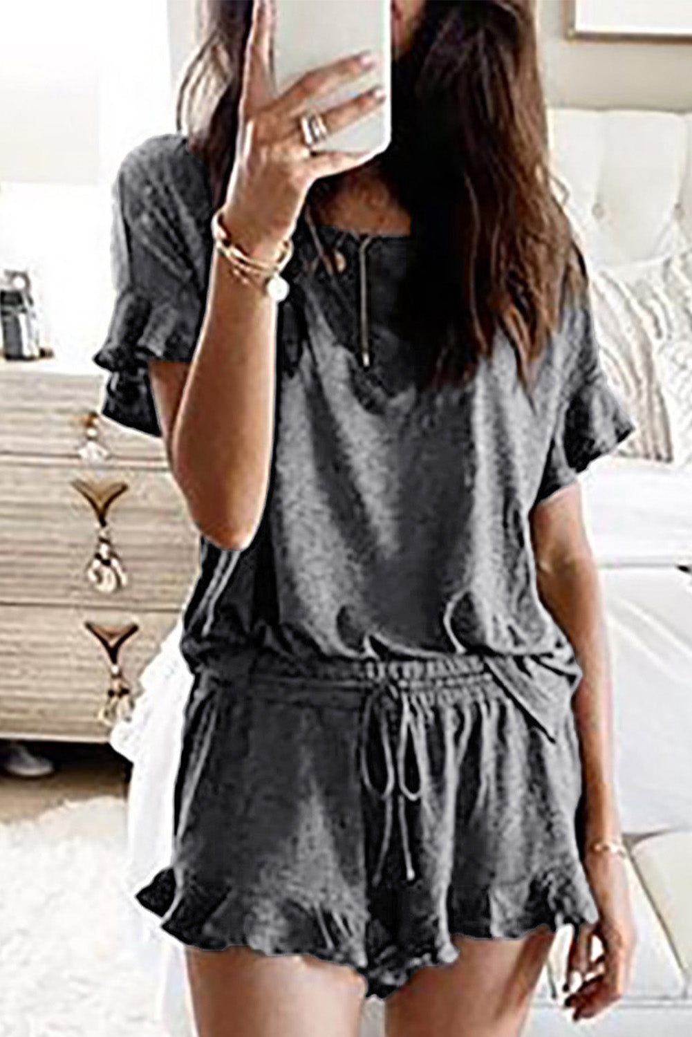 Dark Gray Short Sleeve Drawstring Ruffle Trim Lounge Set