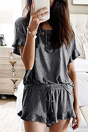 Dark Gray Short Sleeve Drawstring Ruffle Trim Lounge Set