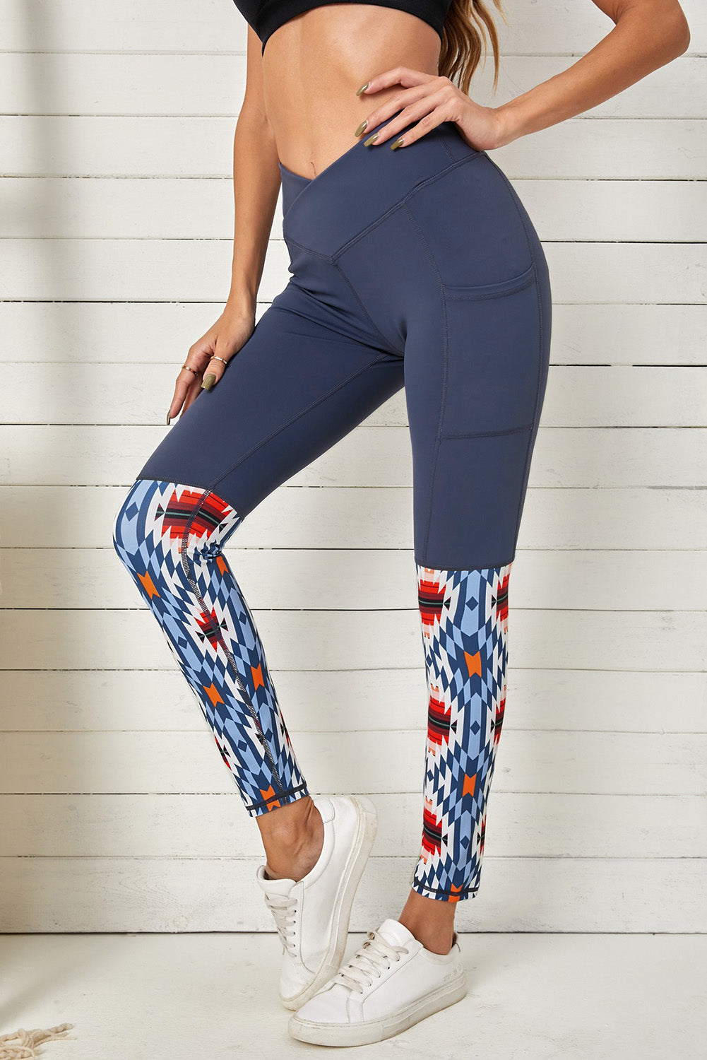 Gray Crossover High Waist Aztec Print Patchwork Yoga Leggings