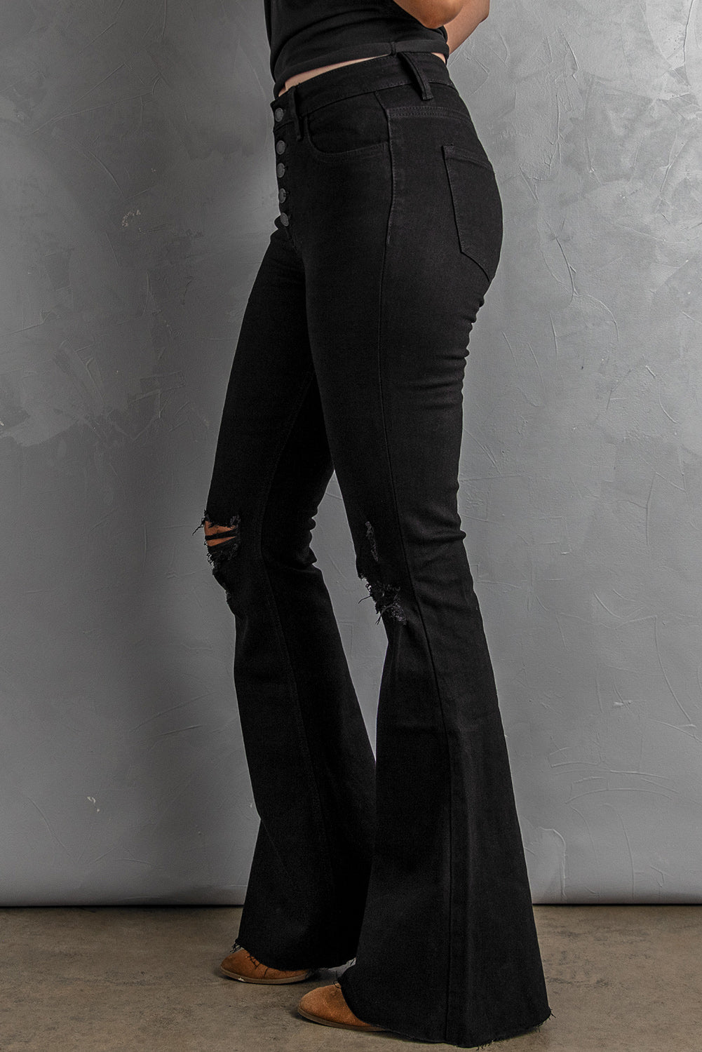 Black Button Fly Distressed Bell Bottom Jeans