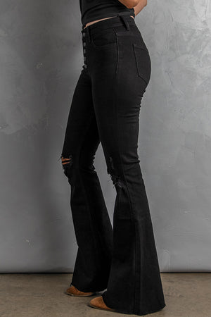 Black Button Fly Distressed Bell Bottom Jeans
