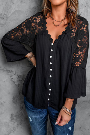 Black Crochet Lace Button Top