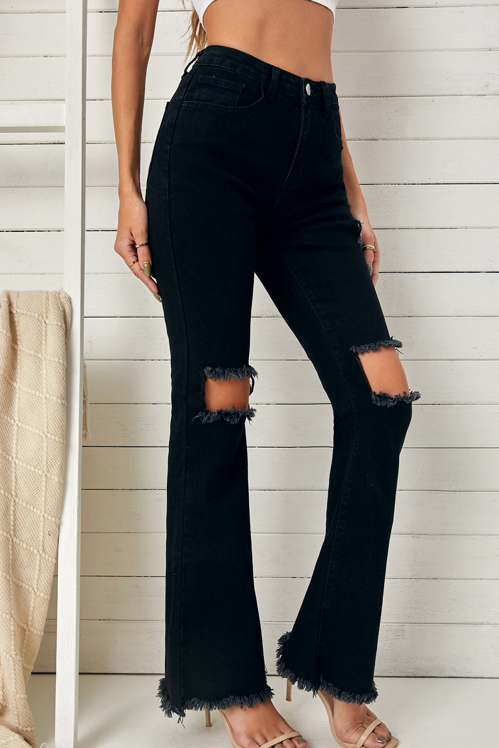 Black High Waist Ripped Bell Bottom Jeans