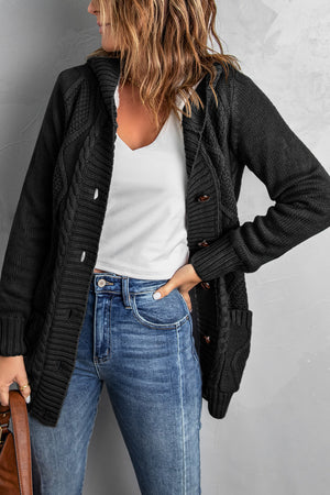 Black Buttoned Hooded Open Front Knitted Sweater