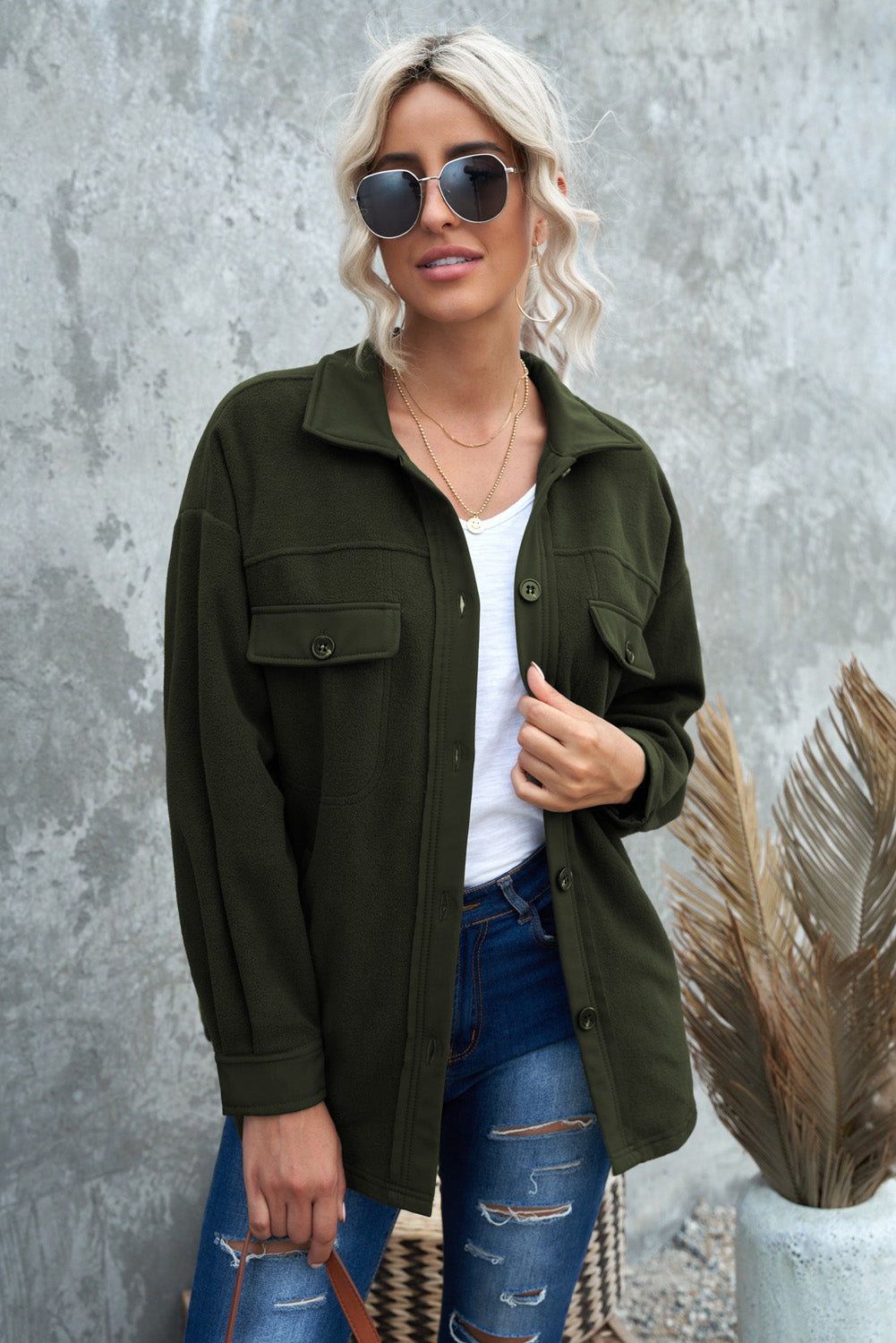 Green Turn Down Collar Buttoned Shirt Jacket