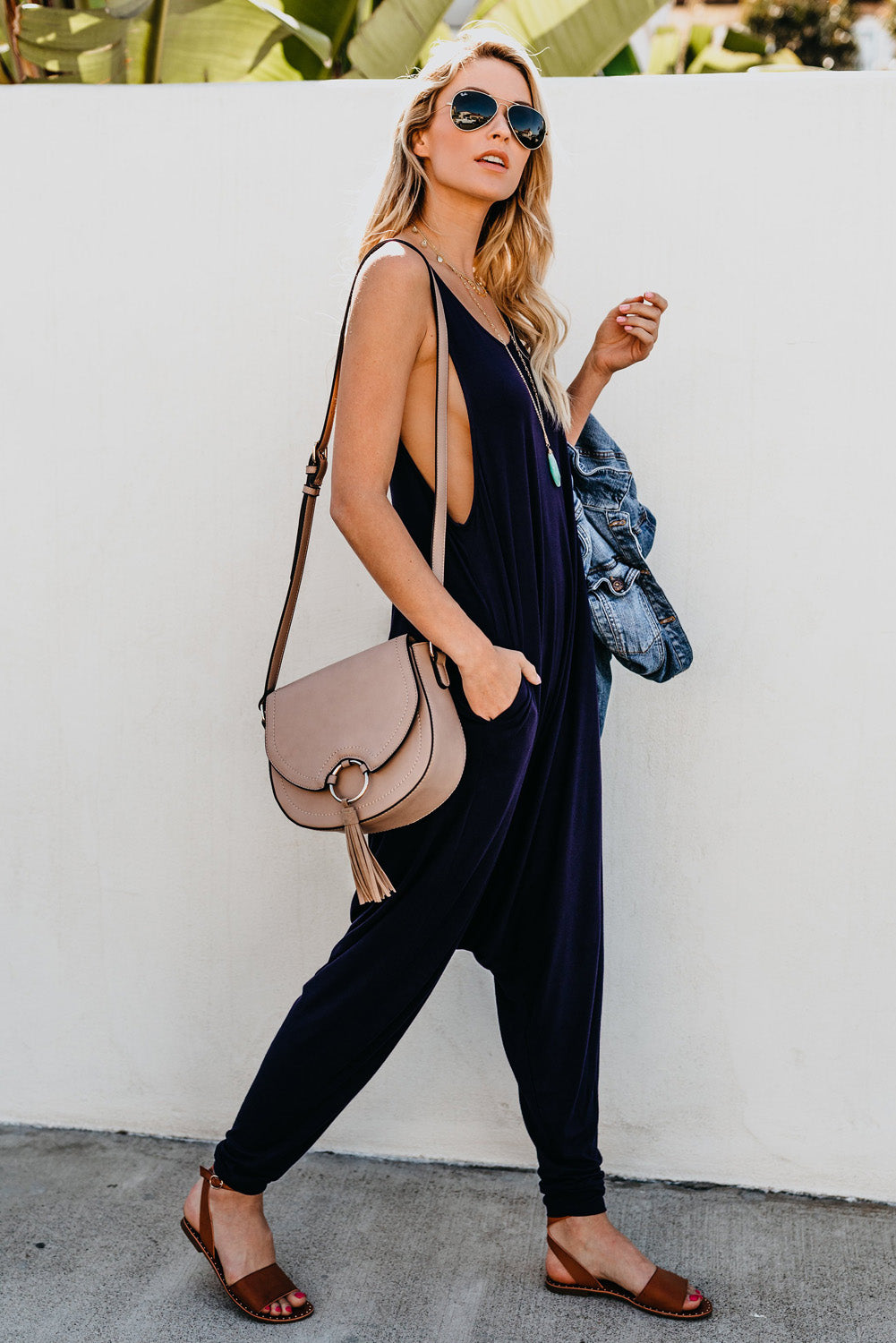 Blue Sleeveless Pocketed Harem Jumpsuit