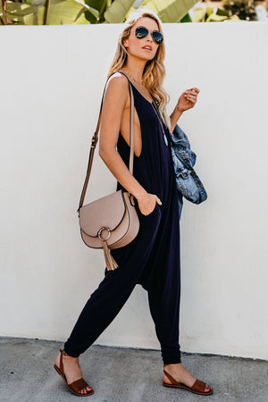 Blue Sleeveless Pocketed Harem Jumpsuit