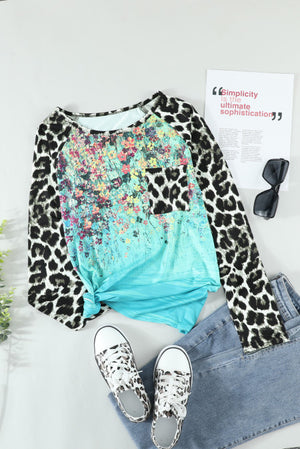 Leopard Tie-dye Splicing Long Sleeve Top