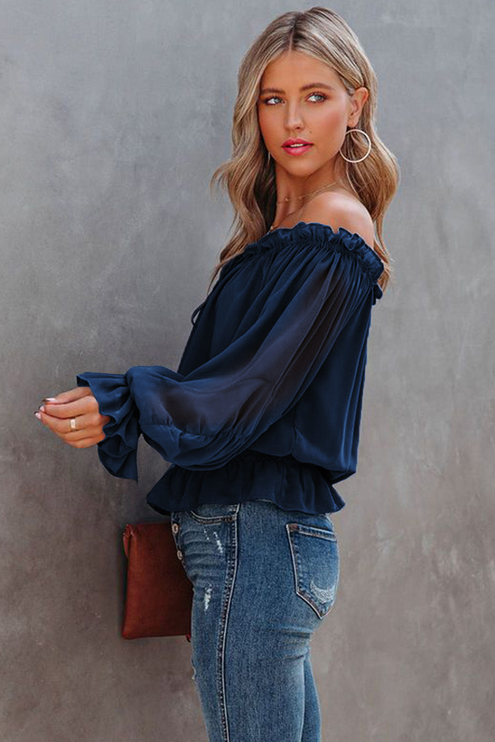 Navy Off Shoulder Ruffled Puff Sleeve Blouse
