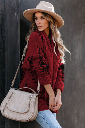 Red print Open Front Knitted Sweater