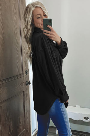 Black Turn Down Collar Buttoned Shirt Jacket