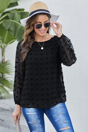 Black Swiss Dot Long Puff Sleeve Top