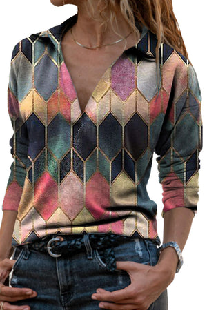 Pink Turn-Down V Neck Geometric Print Casual Blouse