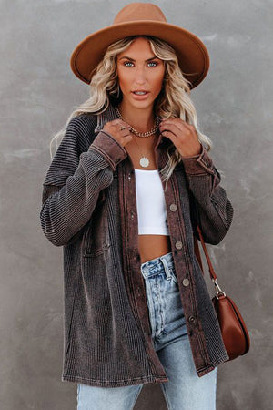 Black Ribbed Buttoned Long Sleeve Shacket
