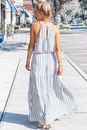 Halter Neck Sleeveless Cutout Tiered Striped Maxi Dress