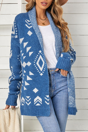 Blue  Aztec print Open Front Knitted Sweater