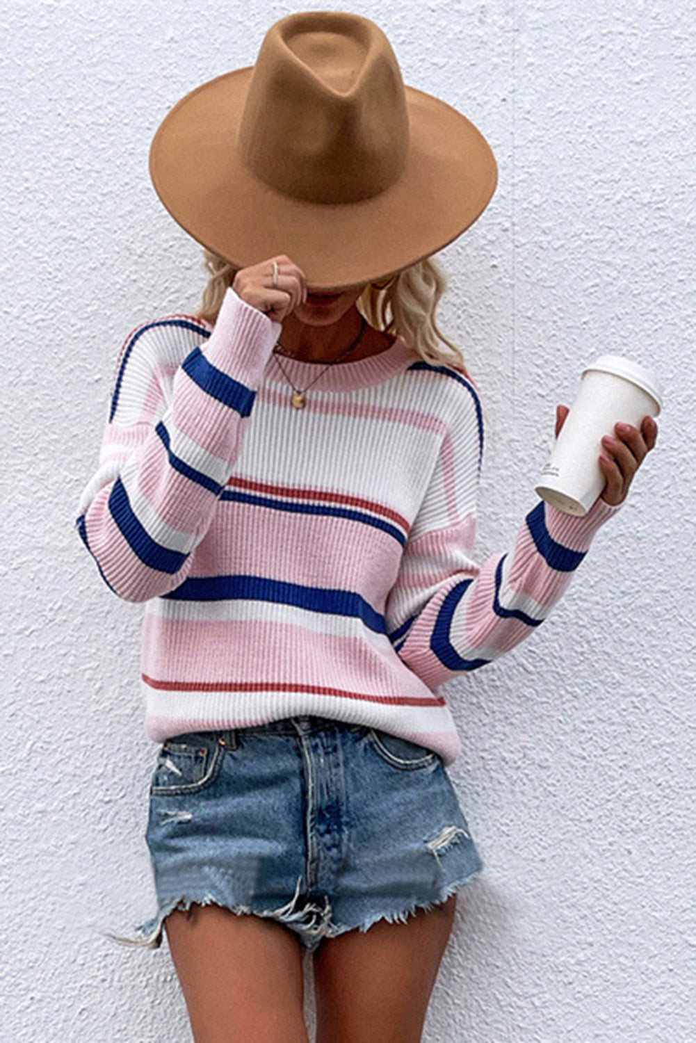 Pink Knitted Crew Neck Striped Color Block Sweater