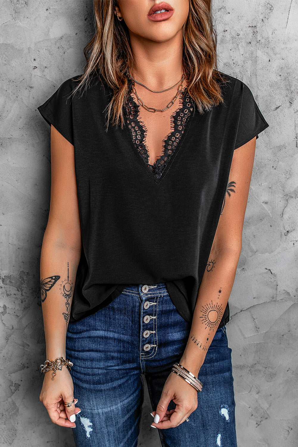 Black V Neck Lace Trim T-shirt