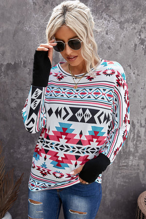 Aztec Print Patch Long Sleeve Top with Thumb Hole