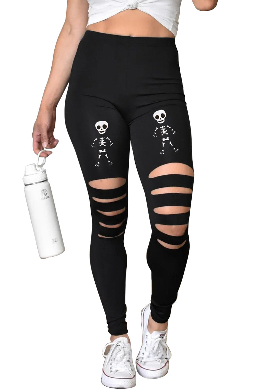 Black Cut-out Skeleton Print Halloween Leggings