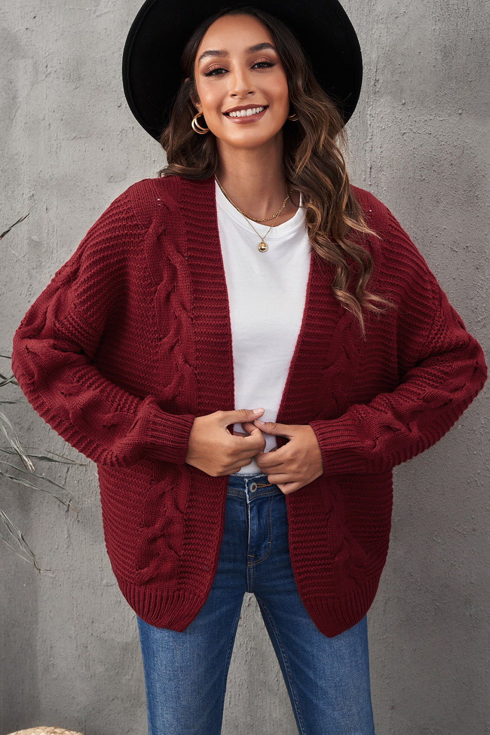 Burgundy Chunky Wide Long Sleeve Knit Cardigan