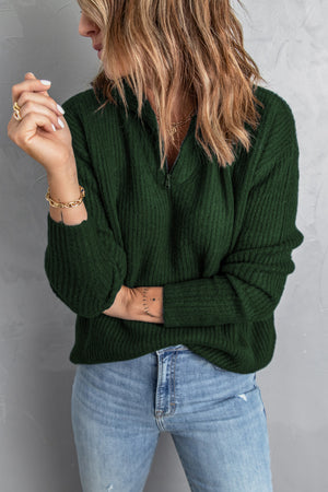 Green Zip Neck Knitted Sweater