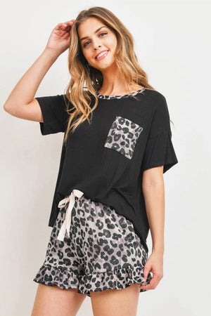 Black Top Leopard Pocket and Short Lounge Set