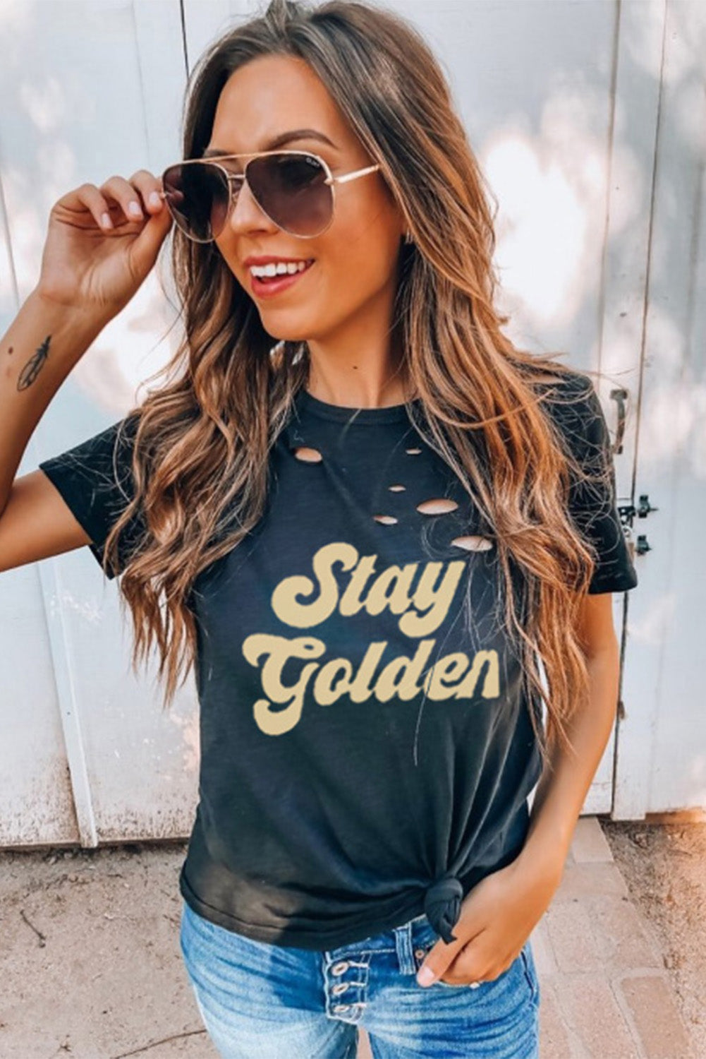 Distressed Crew Neck Letters Graphic T-shirt