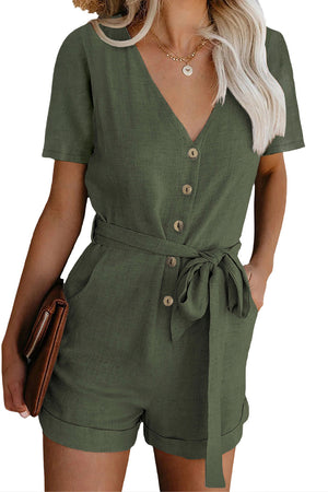 Green V Neck Short Sleeve Buttons Belted Romper with Pockets