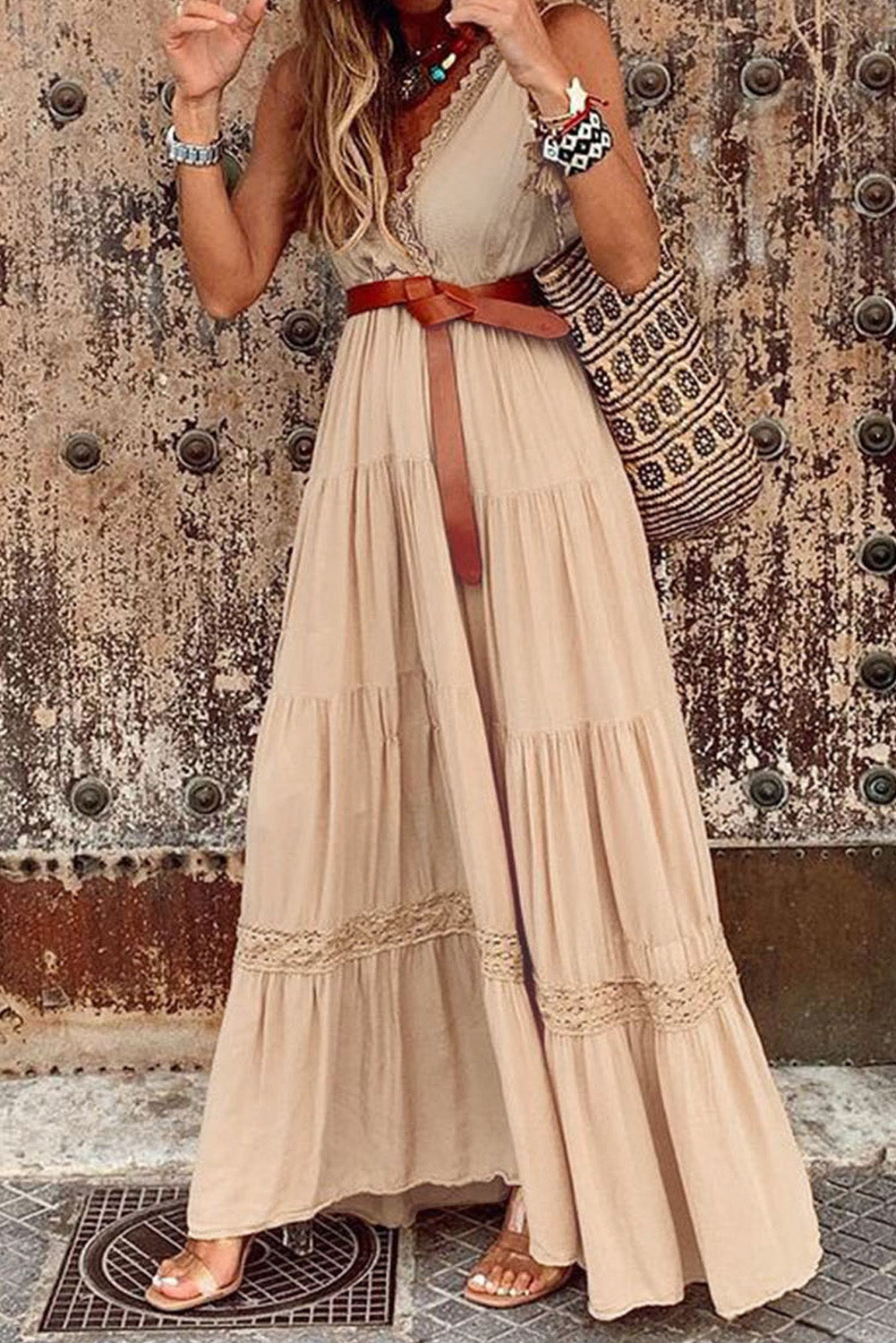 Khaki Lace Splicing Sleeveless Suspender Maxi Dress